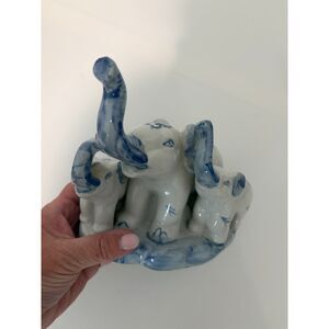 Beautiful Blue and White Mama Elephant with 2 Calves Porcelain